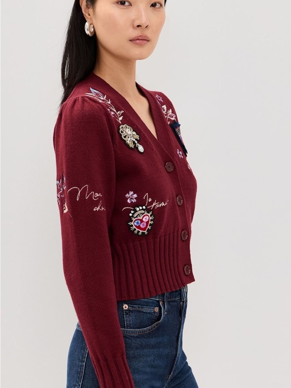 Cinq a Sept Heritage Patch Morgan Cardigan in Oxblood Multi - Picture 2 of 8